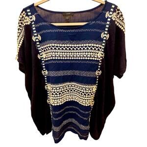 J Crew Embroidered Cotton Linen Cap Sleeve Top Navy Blue Size XL